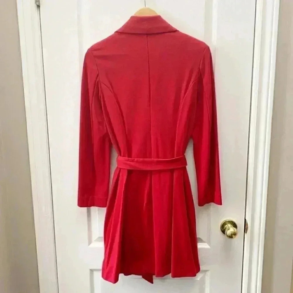 Vintage Le Chateau Trench Coat Red Ponte Knit Duster Blazer Belted Y2K Small - Picture 5 of 16